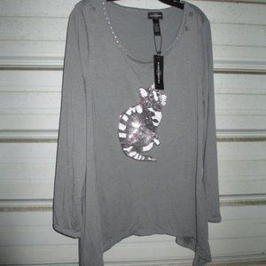 1X Plus Size Gray Sequin Kitty Cat New Top womens